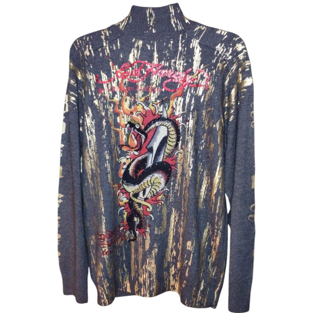 NWT Ed Hardy Charcoal/Gold Born Free Cardigan Sweater Wool Men’s Size L